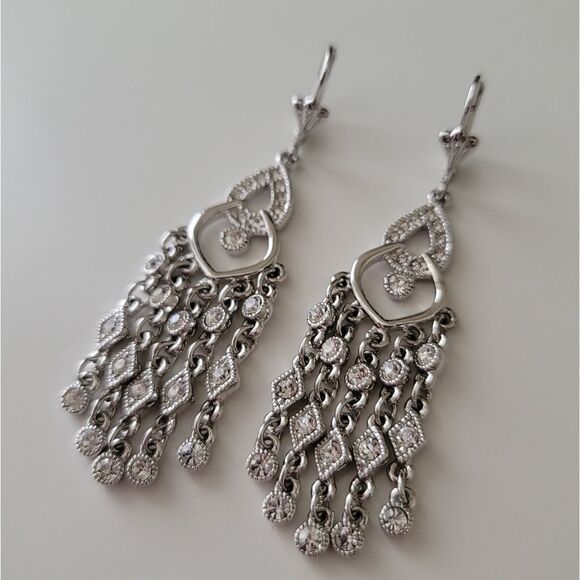 Earrings 𝅺Crystal Silver Tone Sparkly Chandelier Earrings #0347 - Picture 11 of 14
